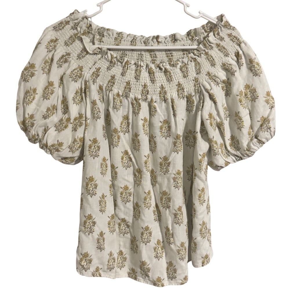 CeCe White Yellow Floral Smocked Off Shoulder Puff Sleeve Linen Blend Blouse M
